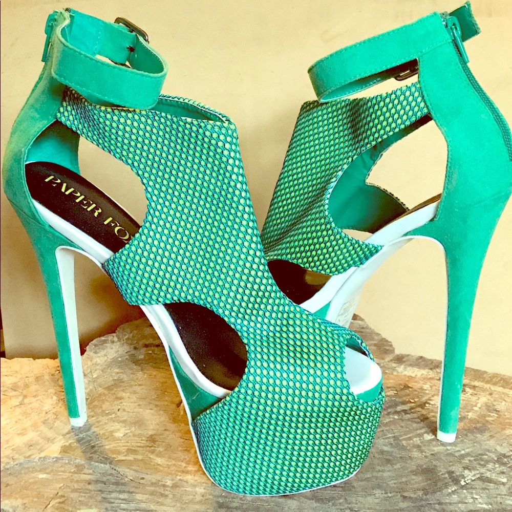 Paper Fox Peeptoe Green Mesh Platform Pumps